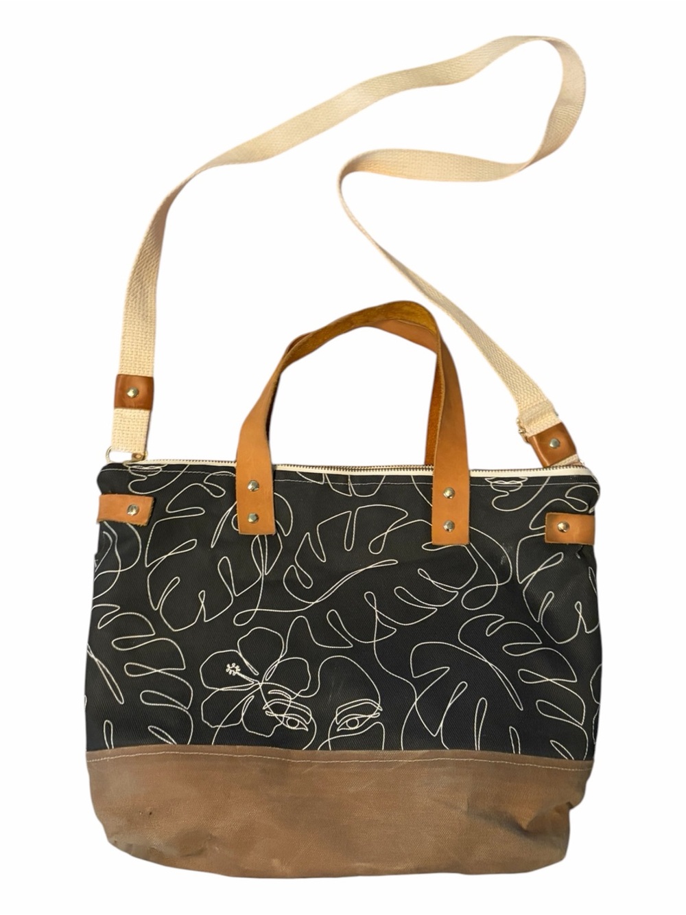 Threaded Honey Hawaii Black Monstera Mahalo Tote Bag Purse Leather Handmade